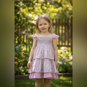 Martin‎ Aranda Floral Lavender Pink smocked tiered ruffle girl’s Dress Sz 8